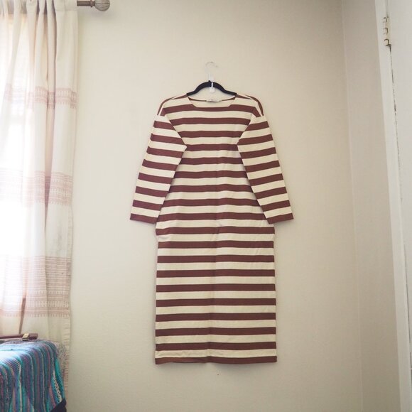 Tory Burch Jersey Striped Long Sleeve Midi Dress in Dark Auburn French Cream - Picture 5 of 11